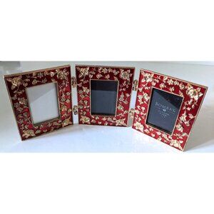 Vintage 1990 Bombay Trifold Picture Photo Frame Metal Hinged Red Enamel 10 * 4"